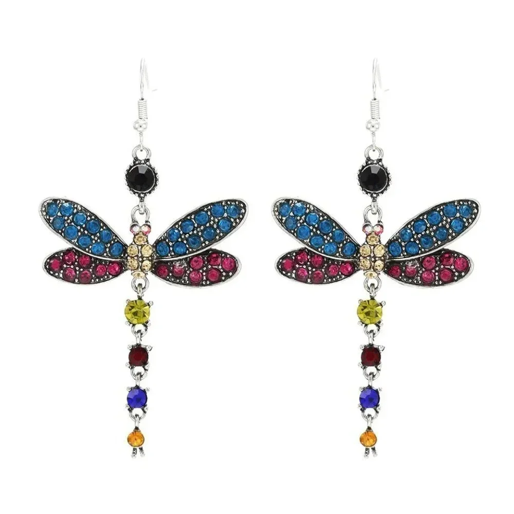 Multi Color Dragonfly Crystal Rhinestone Silver Plated Hook Earrings, V…